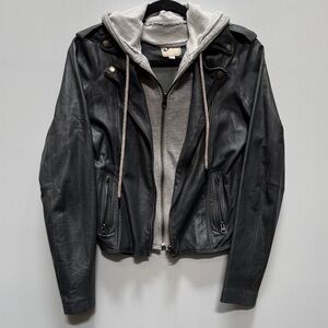 Blue Leather Jacket with Zip-in Hoodie